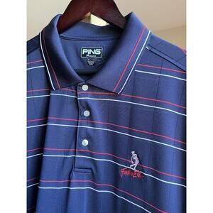 Ping Golf Polo Shirt Mens XL Blue w/Red White Striped - Fiddler's Elbow CC Logo